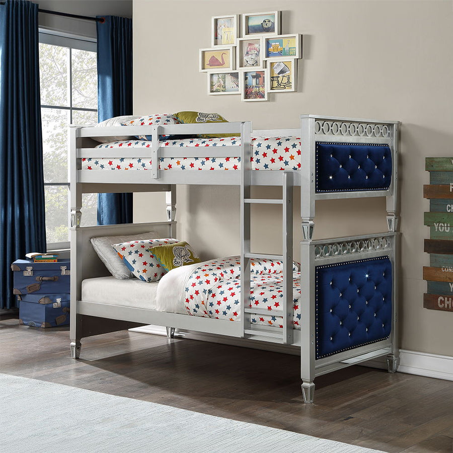 ACME Furniture Varian Twin Over Twin Bunk Bed Blue Velvet & Silver