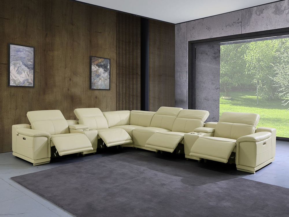 DivanItalia 9762 8-Piece L Shaped Top Grain Italian Leather Sectional Sofa with 4 Power Recliners - Beige