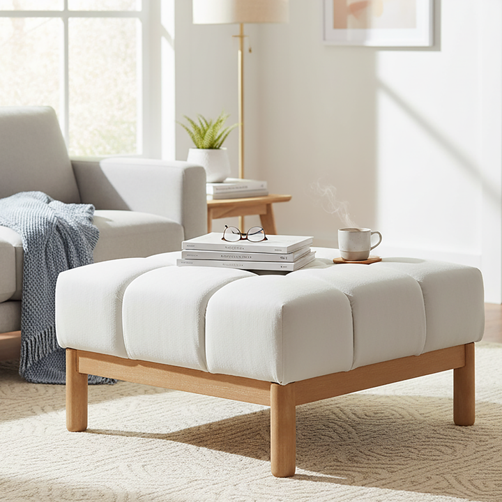 Biscuit Tufted Square Ottoman – White