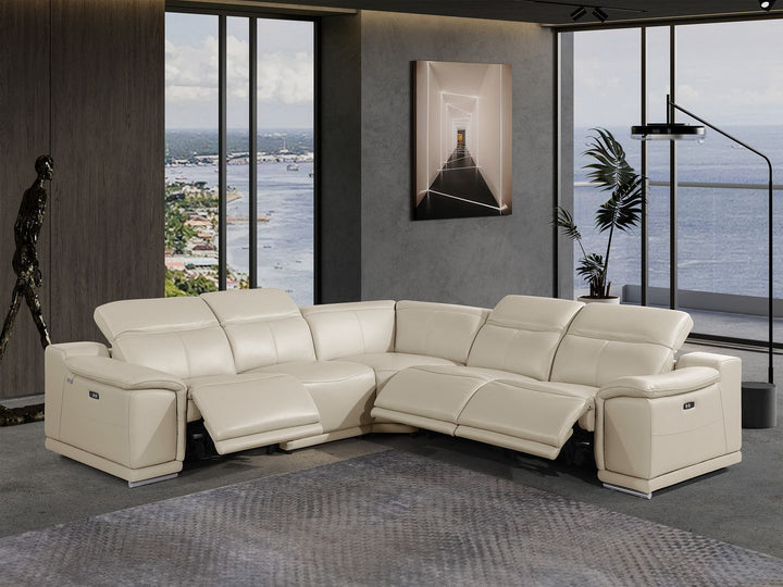 DivanItalia 9762 5-Piece L Shaped Top Grain Italian Leather Sectional Sofa with 3 Power Recliners - Beige