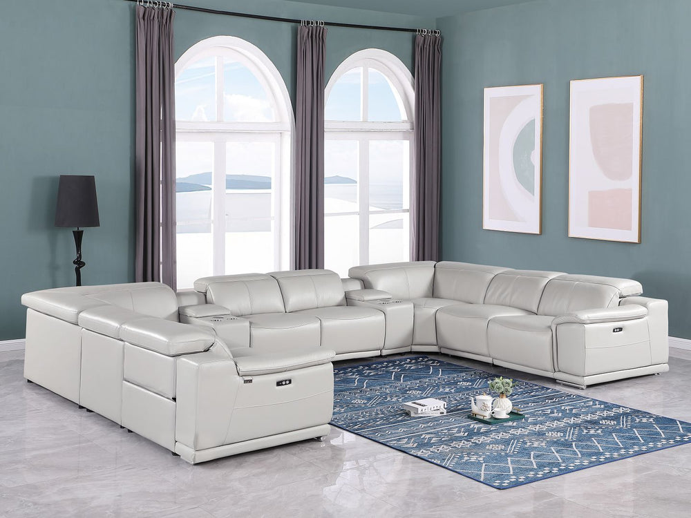 DivanItalia 9762 10-Piece U Shaped Top Grain Italian Leather Sectional Sofa with 4 Power Recliners - Light Gray