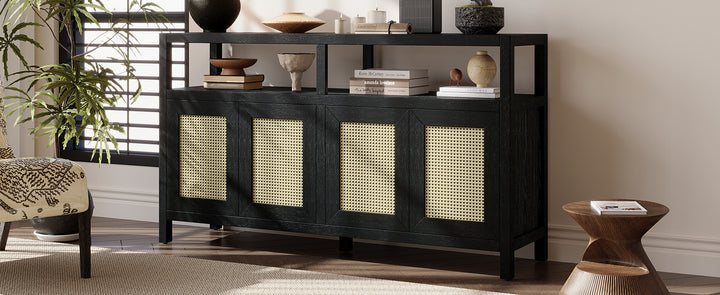 bohemian-style-rattan-sideboard-or-buffet-storage-cabinet-with-solid-wood-frame-black