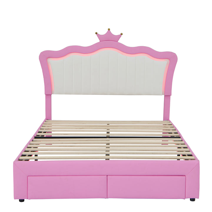 full-size-upholstered-princess-bed-frame-with-led-lights-crown-headboard-and-2-drawers-pink-white