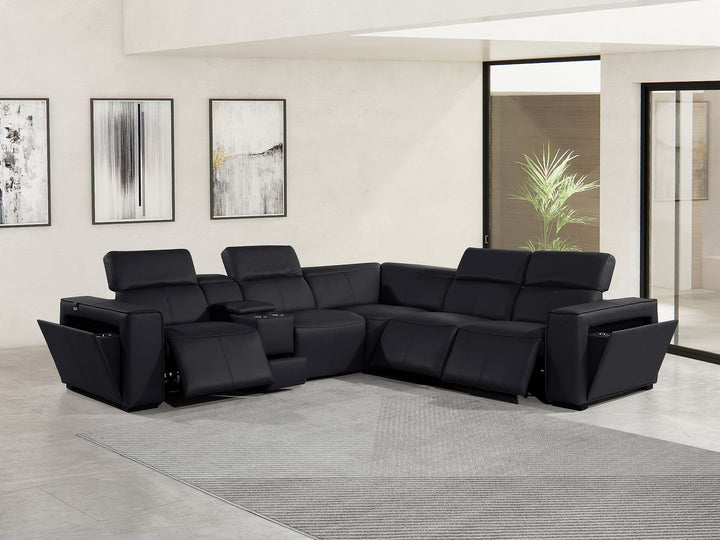 DivanItalia 1224 6-Piece L-Shaped Sectional Sofa in Top Grain Italian Leather with 3 Power Recliners &amp; Power Headrests - Black