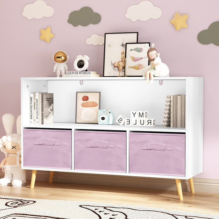 modern-kids-bookcase-with-collapsible-fabric-drawers-childrens-book-display-toy-storage-white-pink-mdf-pine-legs