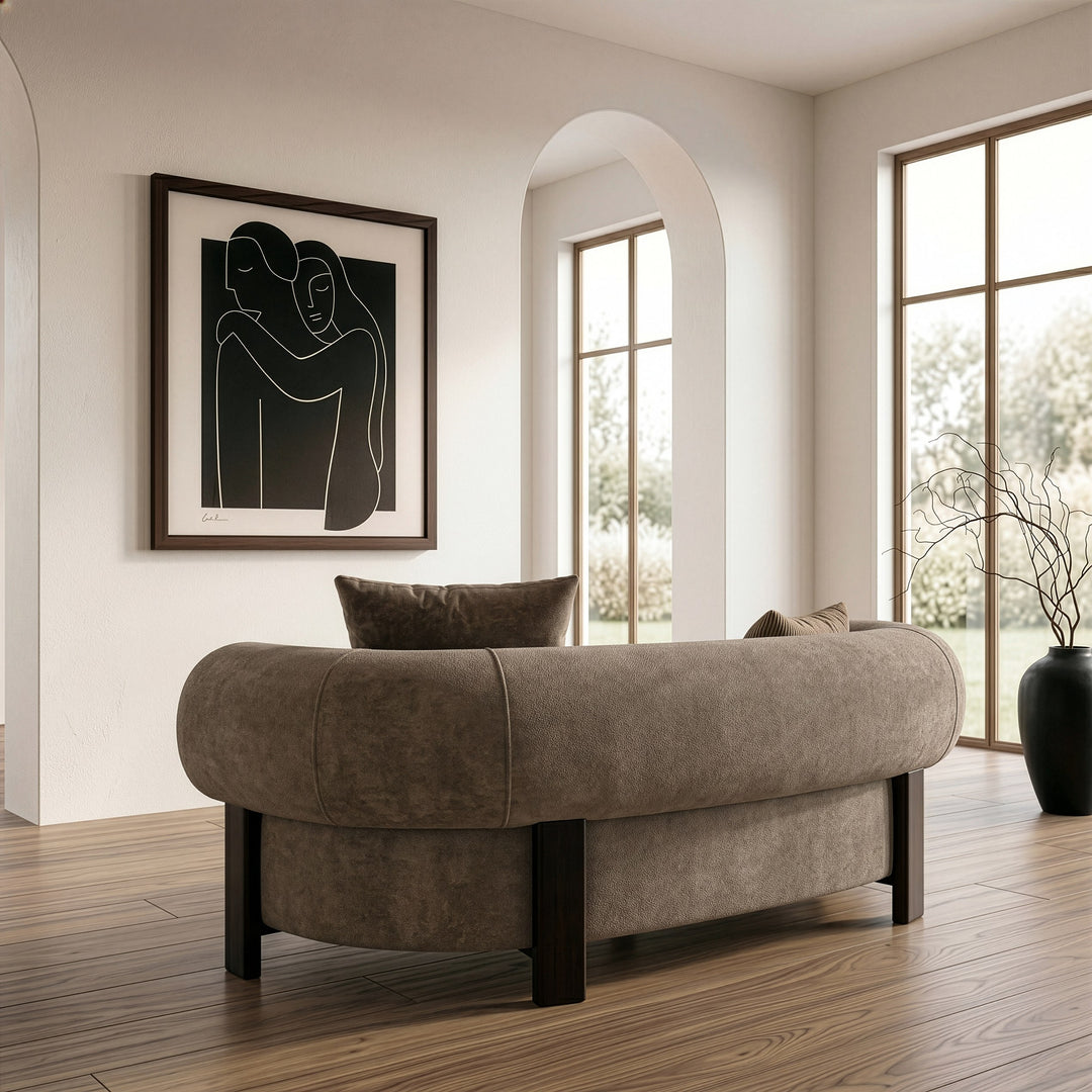 Arnaud - Modern Tan Fabric + Brown Oak Loveseat Sofa