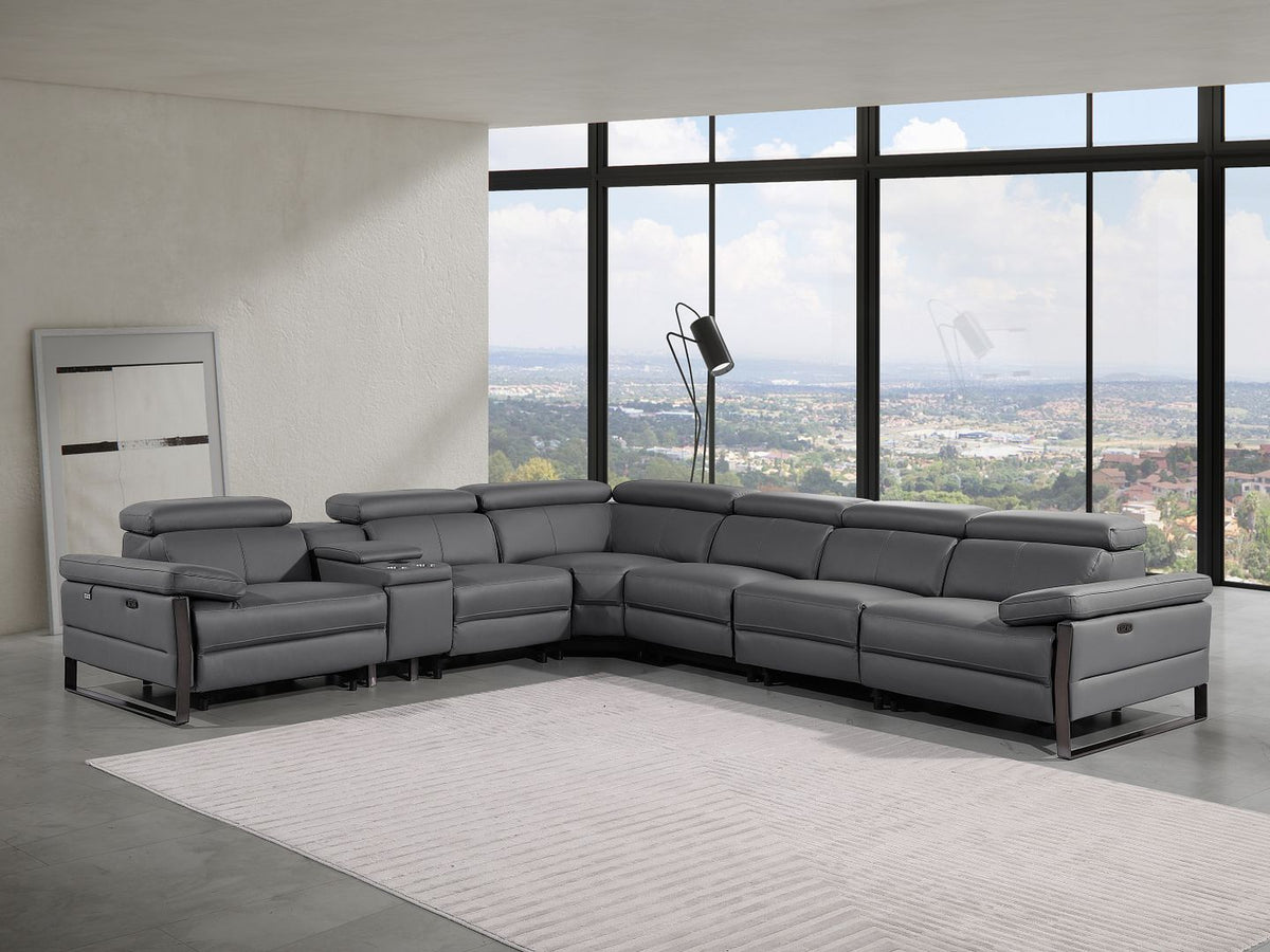 DivanItalia 1246 7-Piece L-Shaped Modular Power Reclining Sectional with 3 Power Recliners and Power Headrests – Top Grain Italian Leather - Dark Gray