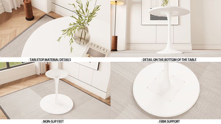 Mid-Century Modern 3-Piece Round Tulip Dining Table Set with White Table &amp; Beige Vegan Leather