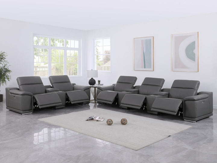 DivanItalia 9762 8-Piece Modular Power Reclining Sofa and Console Loveseat Set with Top Grain Italian Leather - Dark Gray