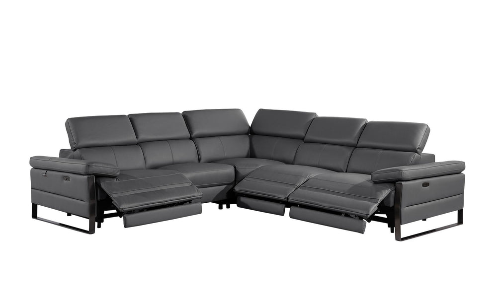 DivanItalia 1246 5-Piece L-Shaped Modular Power Reclining Sectional with Power Headrests – Top Grain Italian Leather - Dark Gray