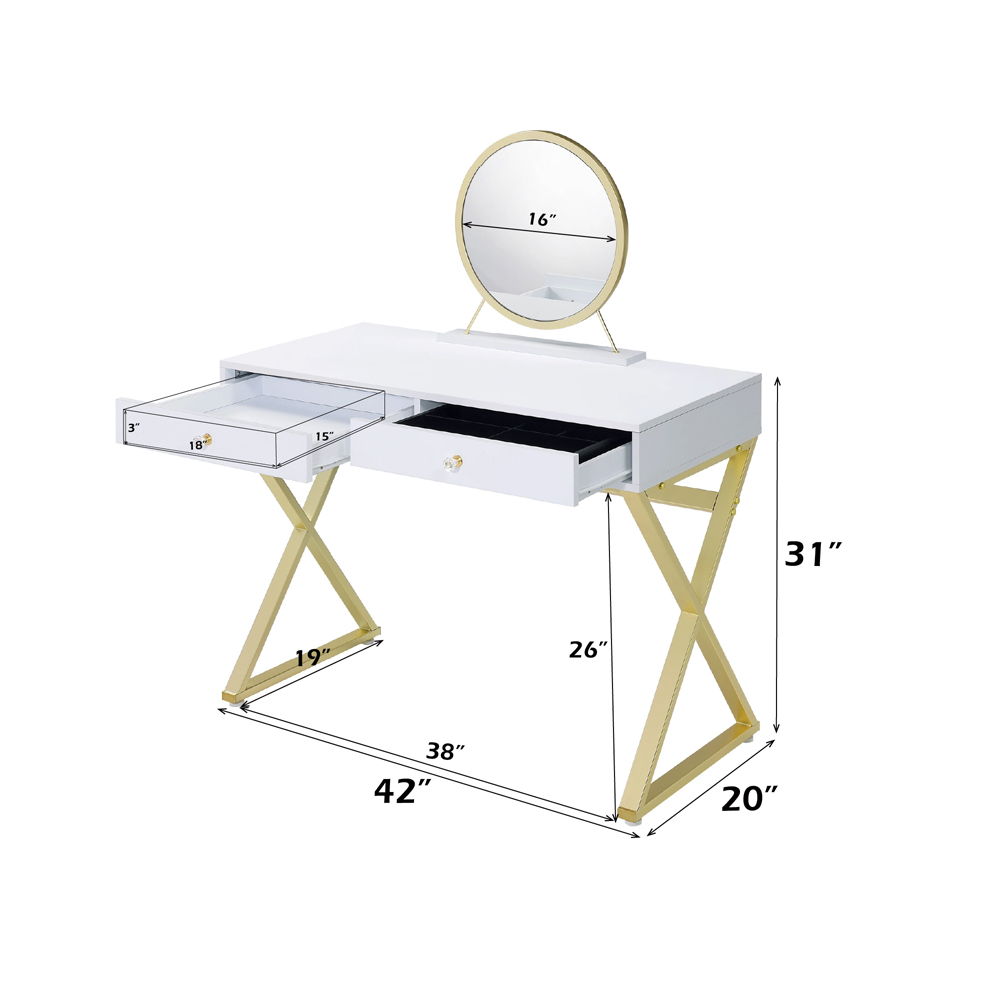 Coleen - Vanity Desk With Mirror & Jewelry Tray - White & Gold