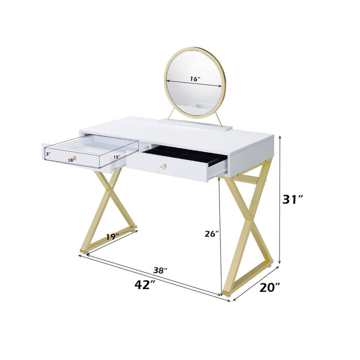 Coleen - Vanity Desk With Mirror & Jewelry Tray - White & Gold