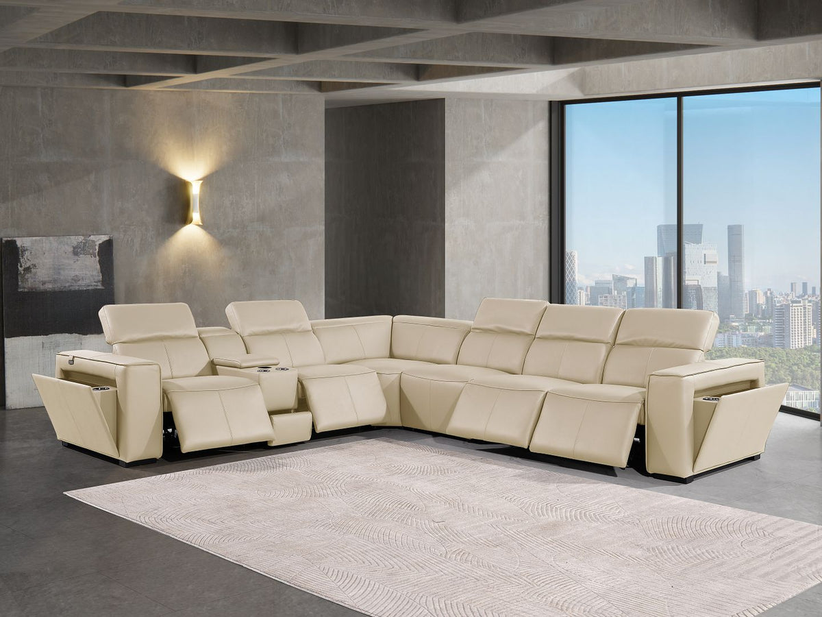 DivanItalia 1224 7-Piece L-Shaped Sectional Sofa in Top Grain Italian Leather with 4 Power Recliners & Power Headrests - Beige
