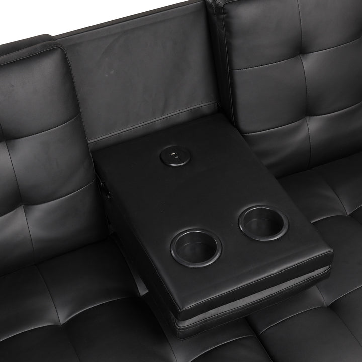 contemporary-style-futon-sofa-bed-black-finish-built-in-usb-chargers-biscuit-tufting-seat-and-back-back-seat-drop-down-table-with-cup-holder-easily-convert-to-bed