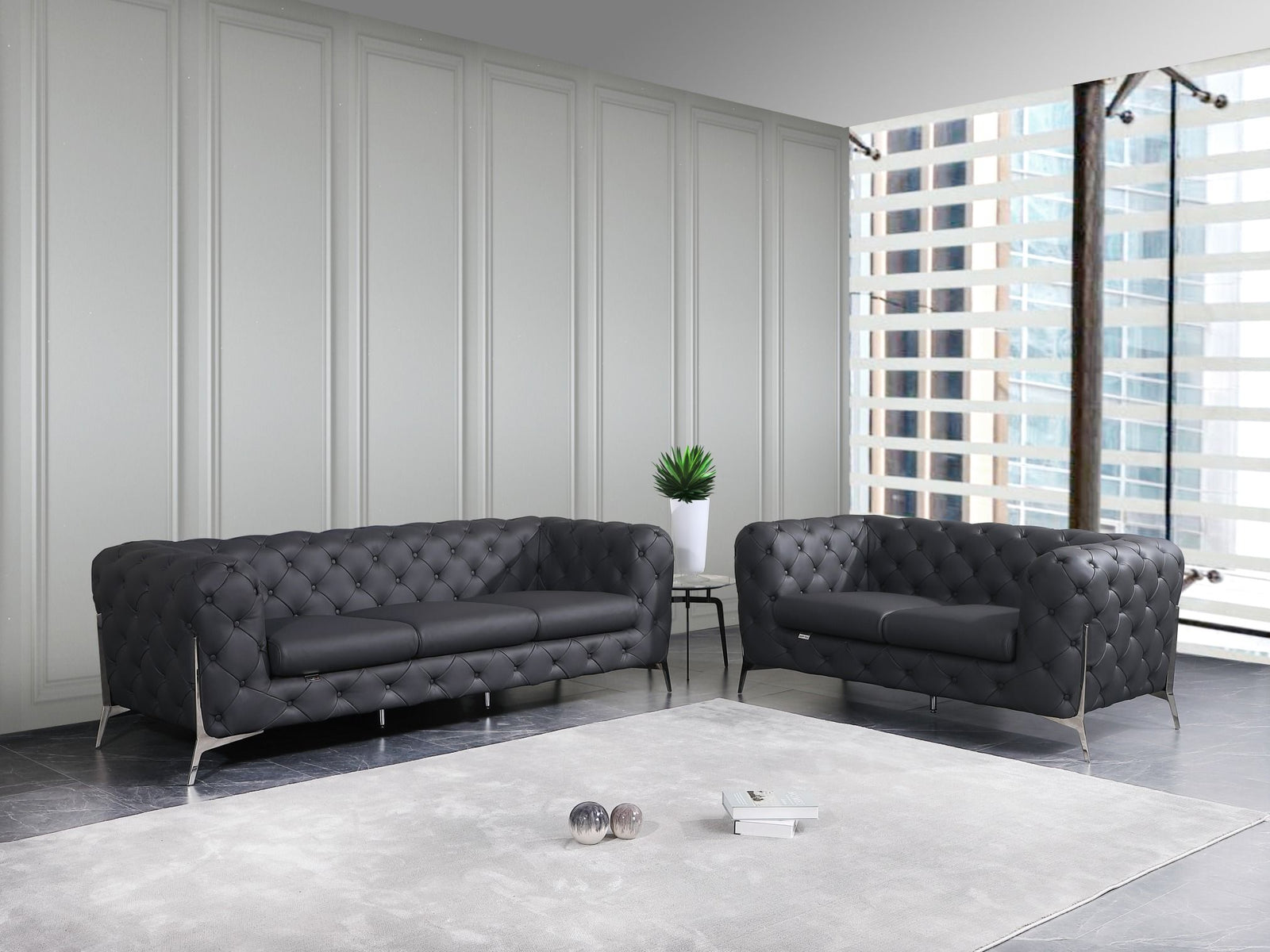 Global United Furniture DivanItalia 970 Italian Leather Dark Gray Sofa and Loveseat