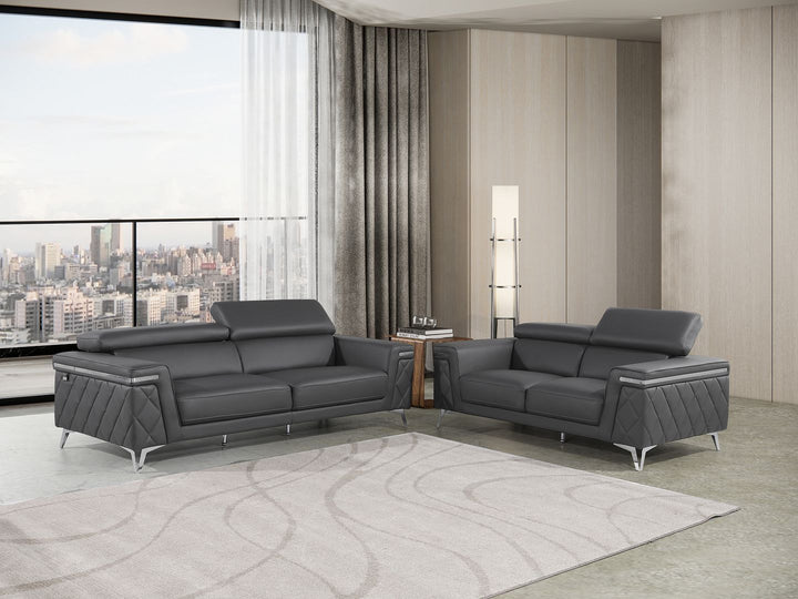 DivanItalia 1140 2-Piece Sofa Set with Adjustable Headrest in Top-Grain Italian Leather - Dark Gray