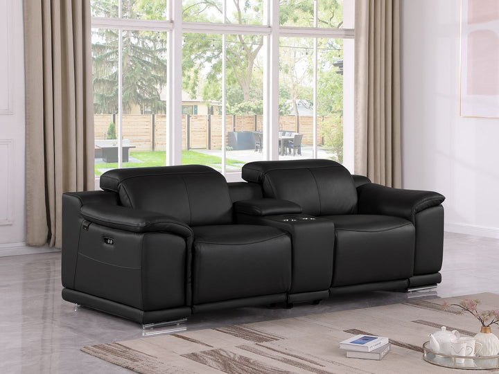 DivanItalia 9762 3-Piece Modular Power Reclining Console Loveseat with 2 Power Recliners in Top Grain Italian Leather - Black