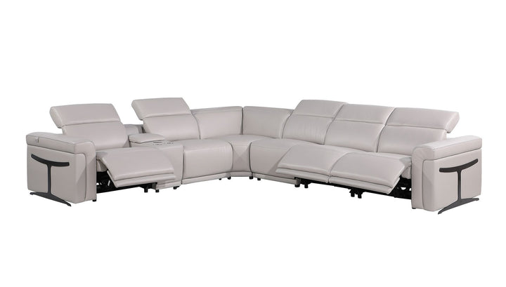 DivanItalia 1126 7-Piece L-Shaped Sectional Sofa in Top Grain Italian Leather with 3 Power Recliners &amp; Power Headrests - Light Gray