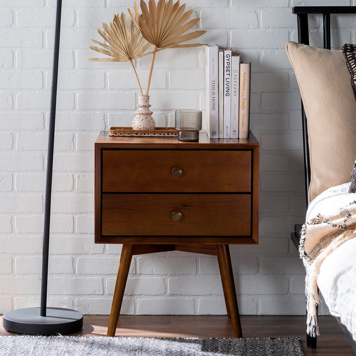 Mid-Century Modern Double-Drawer Solid Wood Nightstand - Walnut Finish - Pine Wood
