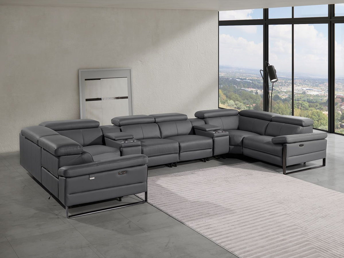 DivanItalia 1246 8-Piece U-Shaped Modular Power Reclining Sectional with 4 Power Recliners and Power Headrests – Top Grain Italian Leather – with Console - Dark Gray