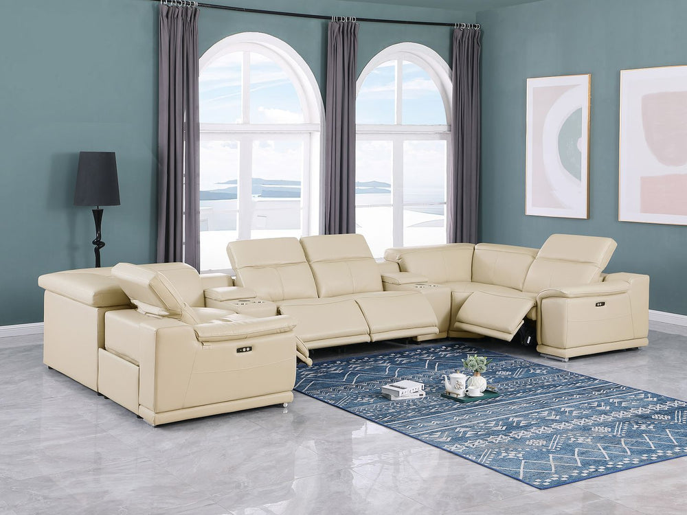 DivanItalia 9762 8-Piece U Shaped Top Grain Italian Leather Sectional Sofa with 4 Power Recliners – with Console - Beige