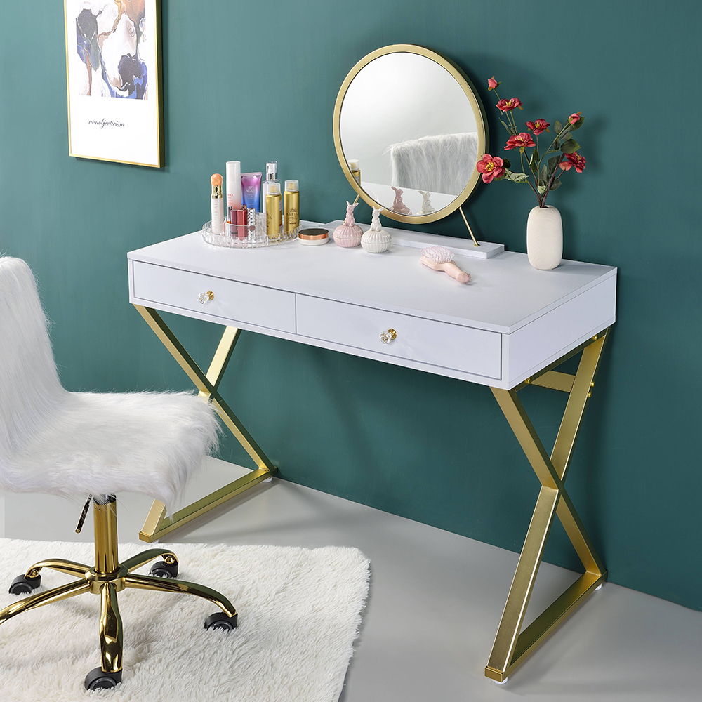 Coleen - Vanity Desk With Mirror & Jewelry Tray - White & Gold