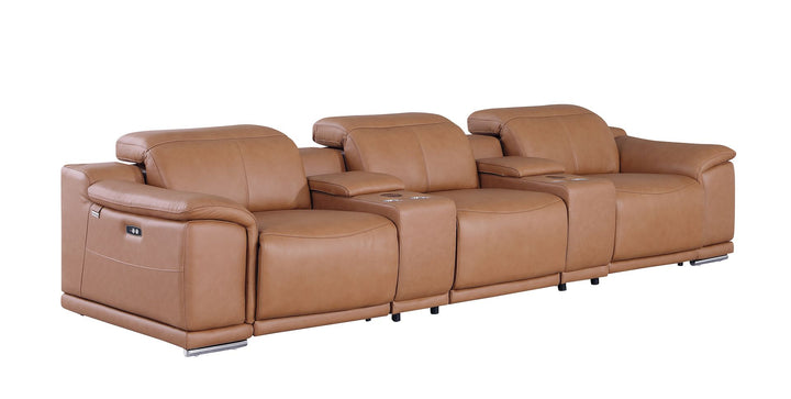 DivanItalia 9762 8-Piece Modular Power Reclining Sofa and Console Loveseat Set with Top Grain Italian Leather - Cognac