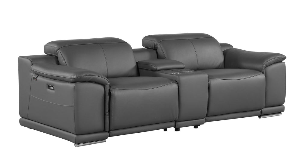 DivanItalia 9762 3-Piece Modular Power Reclining Console Loveseat with 2 Power Recliners in Top Grain Italian Leather - Dark Gray