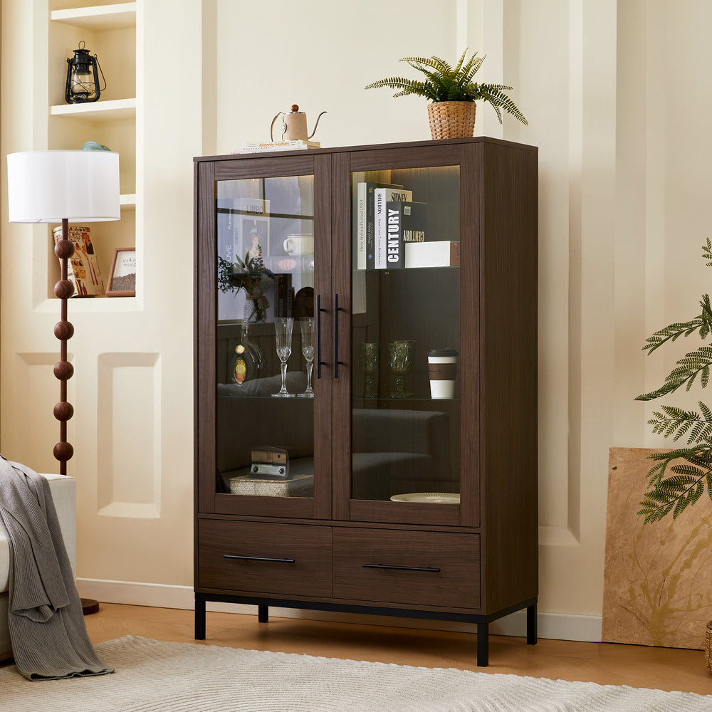 Modern Style 60'' Tall Display Cabinet with LED Lighting, Tempered Glass Door, Two Drawers - Brown