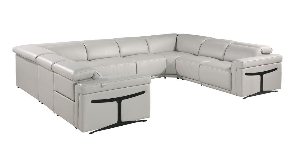 DivanItalia 1126 8-Piece U-Shaped Sectional Sofa in Top Grain Italian Leather with 4 Power Recliners & Power Headrests – No Console - Light Gray