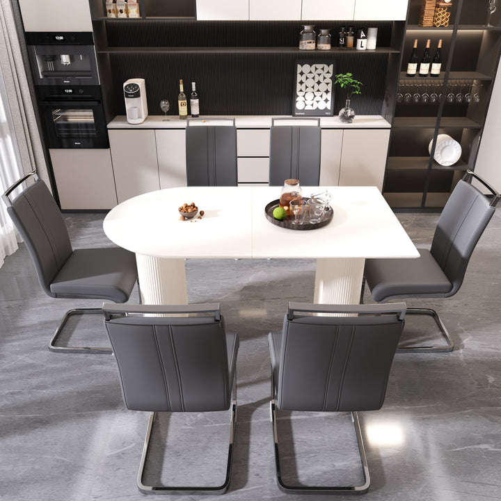 63" Medieval Modern Cream Dining Table and 6 PU Leather Armless Chairs with Silver Metal Legs  - Cream &amp; White