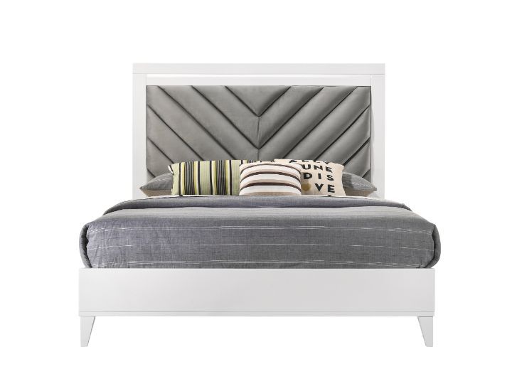 Chelsie - Eastern King Bed - Gray Fabric & White