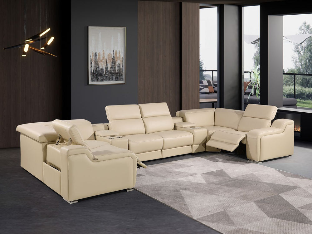 DivanItalia 1116 8-Piece U-Shaped Sectional Sofa in Top Grain Italian Leather with 2 Power Recliners & Power Headrests – with Console - Beige