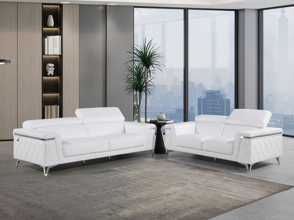 DivanItalia 1140 2-Piece Sofa Set with Adjustable Headrest in Top-Grain Italian Leather - White