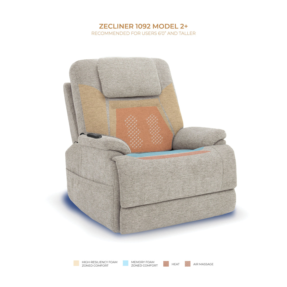 Zecliner Model 2+ Fabric Power Lift Sleep Recliner with Power Headrest, Lumbar, Heat & Massage in Dove