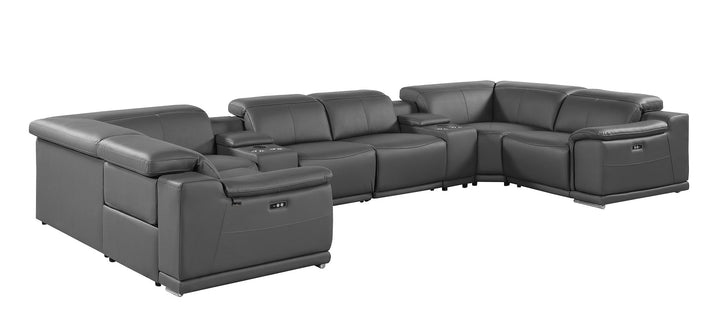 DivanItalia 9762 8-Piece U Shaped Top Grain Italian Leather Sectional Sofa with 4 Power Recliners – with Console - Dark Gray