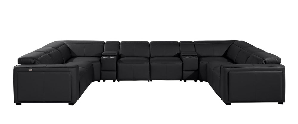 DivanItalia 1224 10-Piece U-Shaped Sectional Sofa in Top Grain Italian Leather with 4 Power Recliners & Power Headrests - Black
