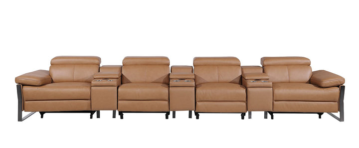 DivanItalia 1246 Modular Power Triple Reclining Triple Console Sofa with Power Reclining Headrests – Top Grain Italian Leather - Cognac