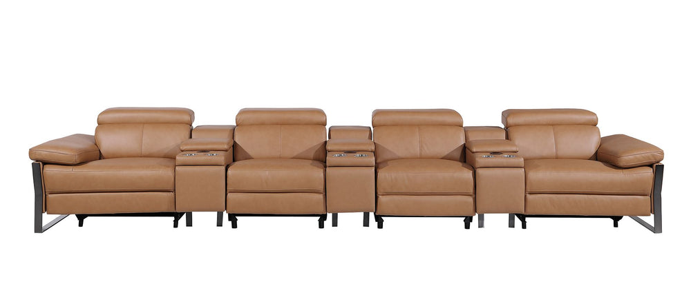 DivanItalia 1246 Modular Power Triple Reclining Triple Console Sofa with Power Reclining Headrests – Top Grain Italian Leather - Cognac