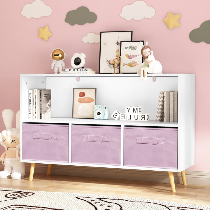modern-kids-bookcase-with-collapsible-fabric-drawers-childrens-book-display-toy-storage-white-pink-mdf-pine-legs