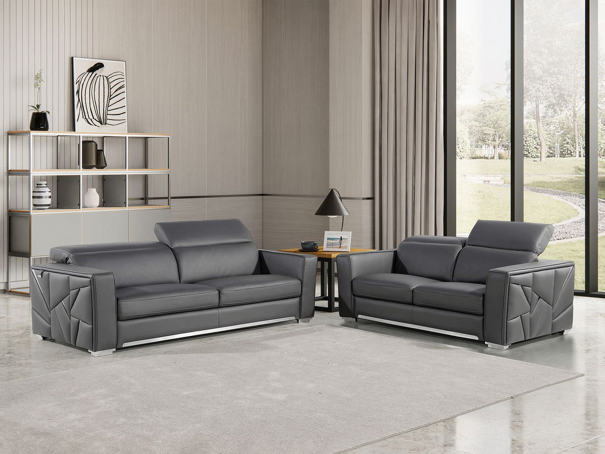 DivanItalia 1120 2-Piece Sofa Set with Adjustable Headrest in Top-Grain Italian Leather - Dark Gray