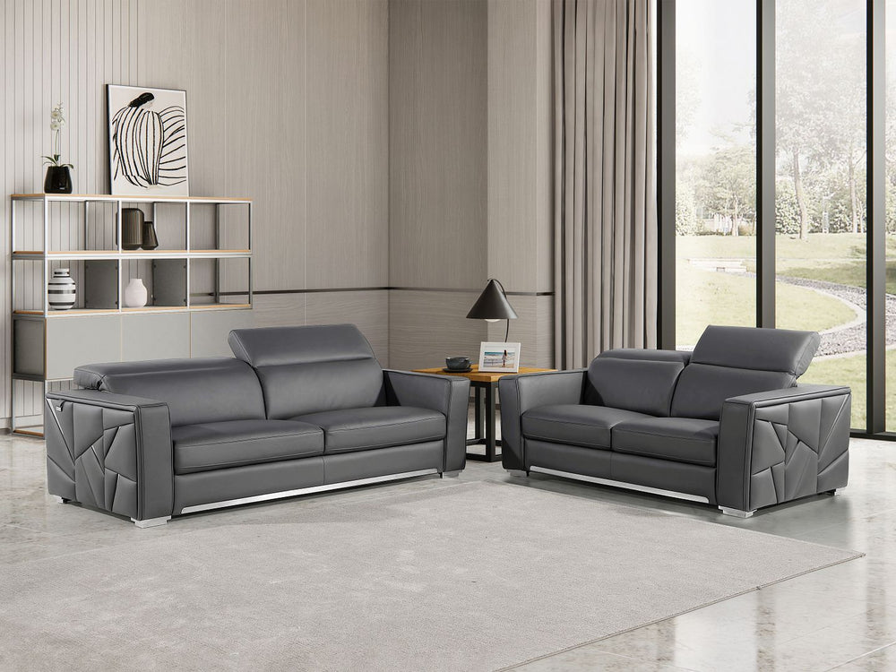 DivanItalia 1120 2-Piece Sofa Set with Adjustable Headrest in Top-Grain Italian Leather - Dark Gray