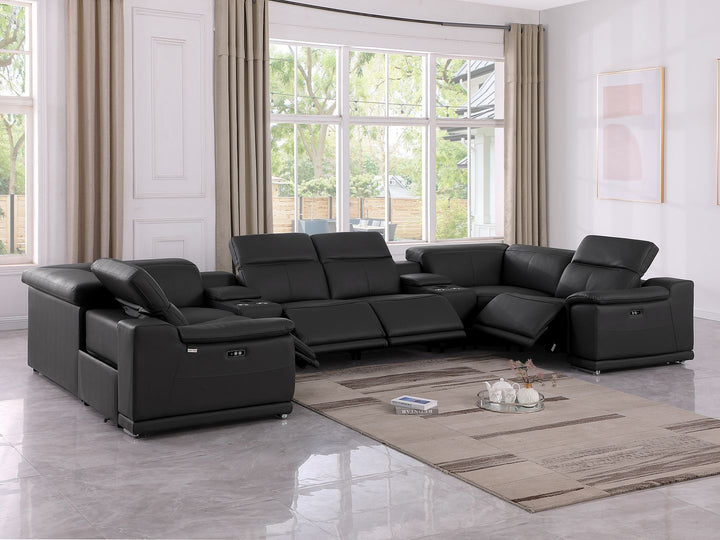 DivanItalia 9762 8-Piece U Shaped Top Grain Italian Leather Sectional Sofa with 4 Power Recliners – with Console - Black