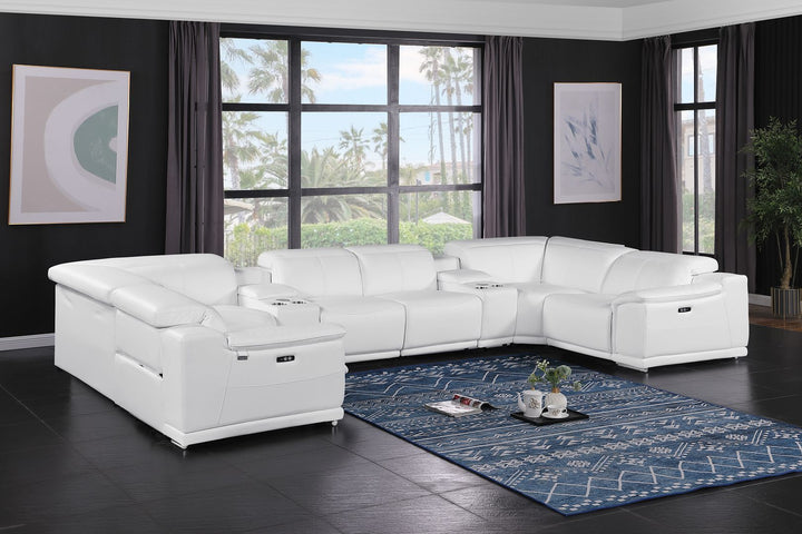 DivanItalia 9762 8-Piece U Shaped Top Grain Italian Leather Sectional Sofa with 2 Power Recliners - White
