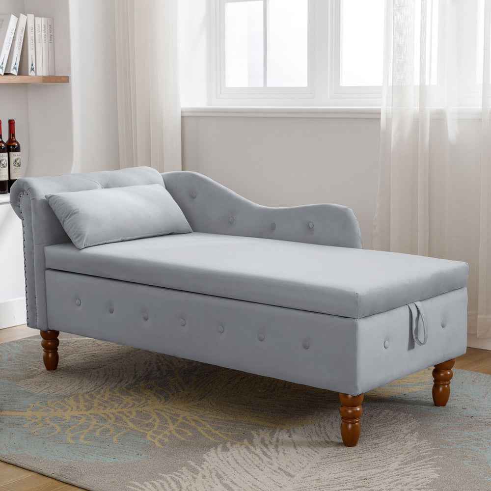 grey-velvet-lounge-chaise-with-storage-pillow-modern-upholstered-rolled-arm