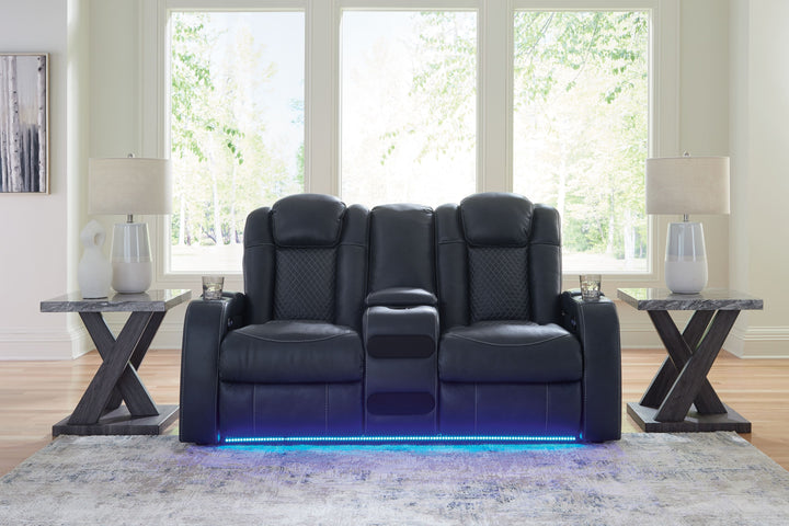 Fyne-Dyme - Power Reclining Loveseat with Console/Adj Hdrst - Sapphire