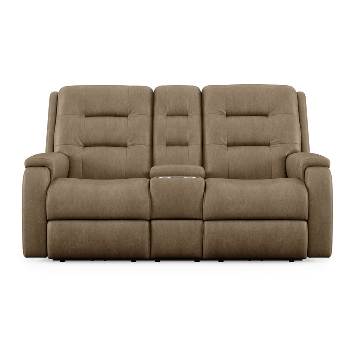 Arlo Leather Power Reclining Loveseat, Console &amp; Power Headrests Light Brown