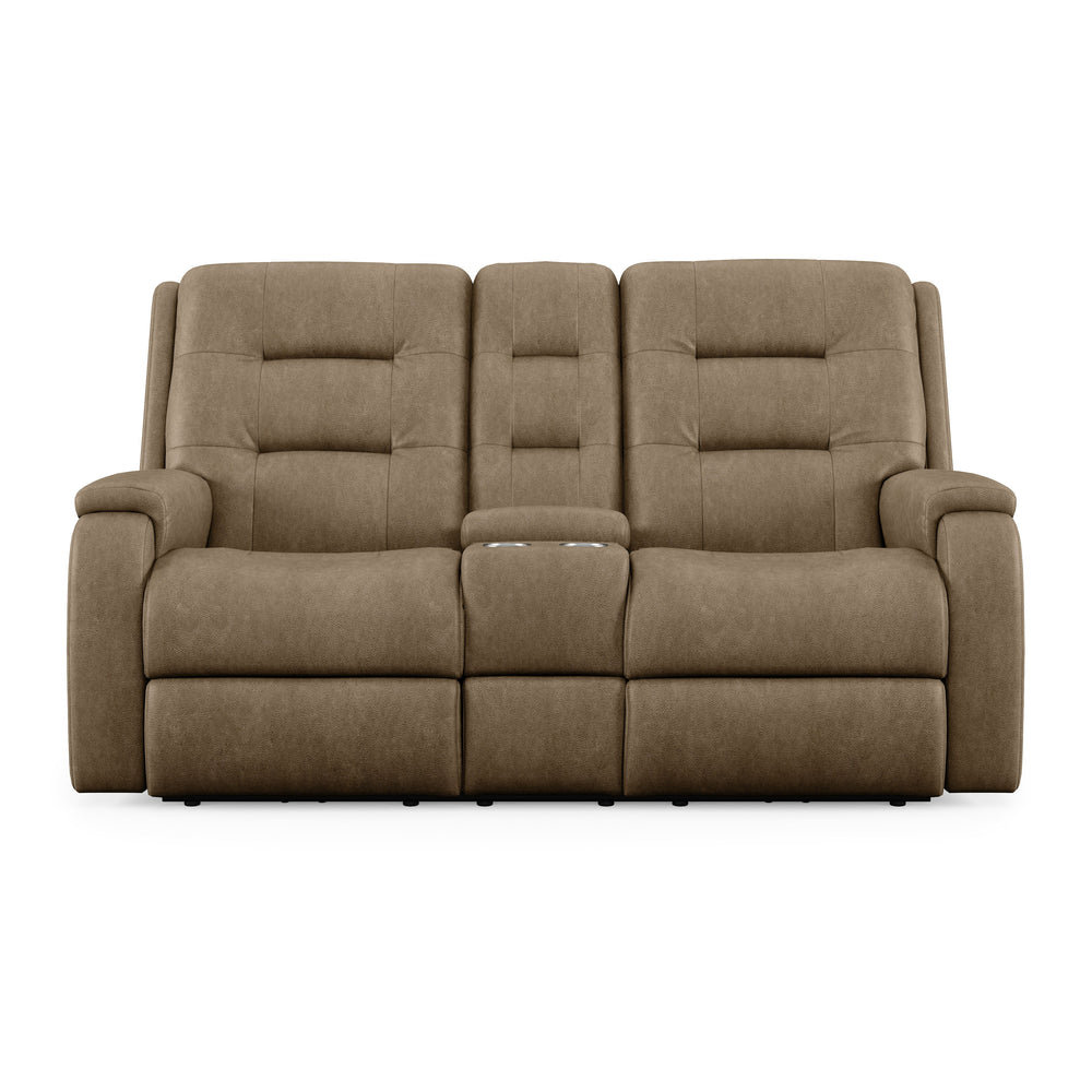 Arlo Leather Power Reclining Loveseat, Console & Power Headrests Light Brown