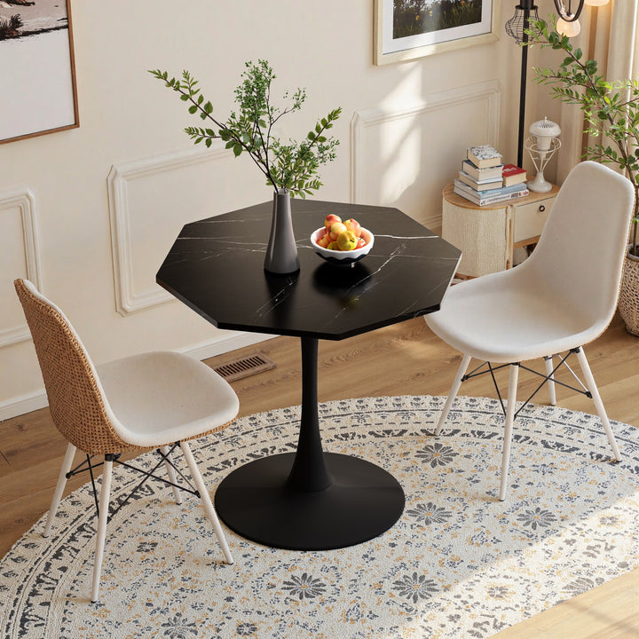 Modern Octagonal Printed Black Marble Table With Metal Base