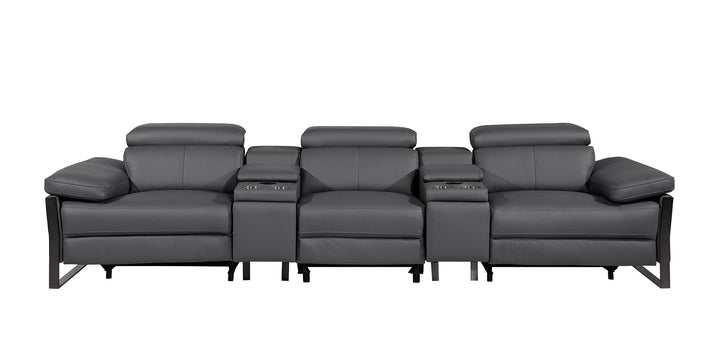 DivanItalia 1246 Modular Power Triple Reclining Dual Console Sofa with Power Reclining Headrests – Top Grain Italian Leather - Dark Gray